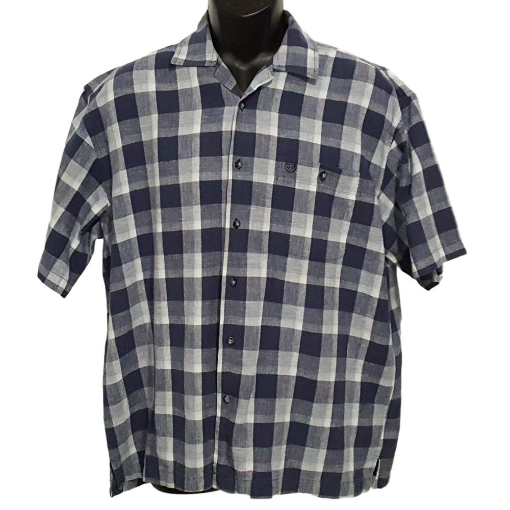 George Strait Men's Shirt L Blue White Plaid Short Sleeve Button Front Linen